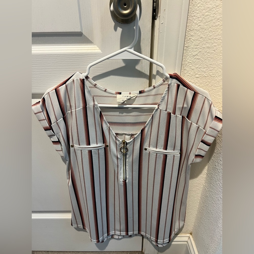 Striped V-Neck Blouse with Zipper